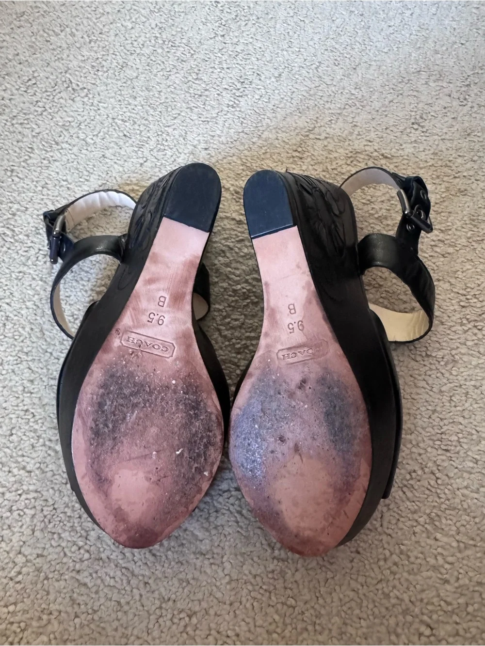 Coach Black Leather Platform Wedge Sandals with Ankle Strap